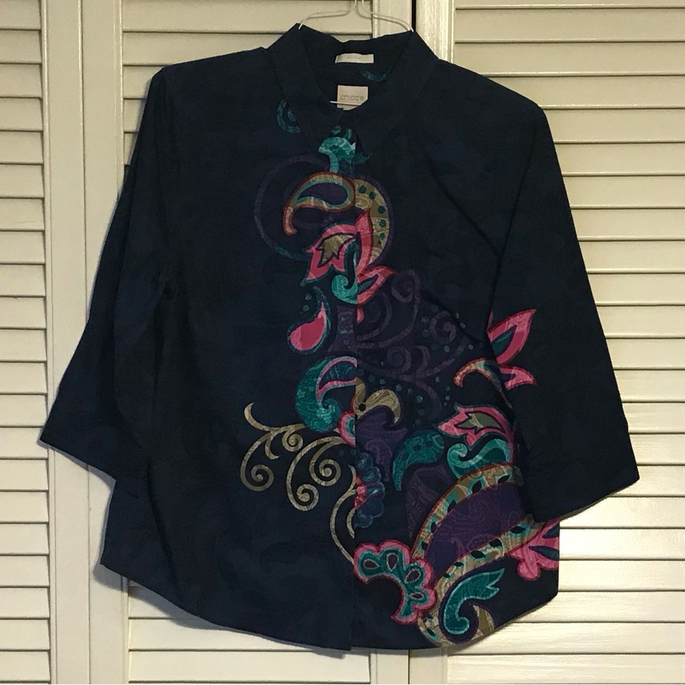 Chico's Navy Shirt with Vibrant Embroidery